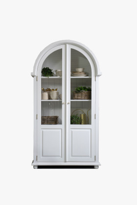 Tömörfa üveges vitrin 3 polccal, rusztikus fehér színű